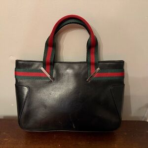Gucci Black Leather Tote with Red and Green Straps